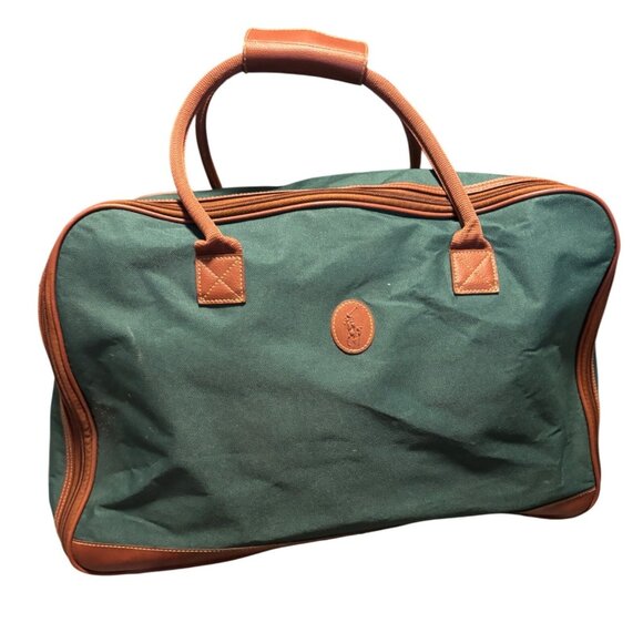 Ralph Lauren Green Canvas Brown Leather Travel Bag Weekender 90s Preppy Y2K - Picture 1 of 14